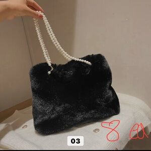 Elegant Black Faux Fur Bag with Pearl Strap